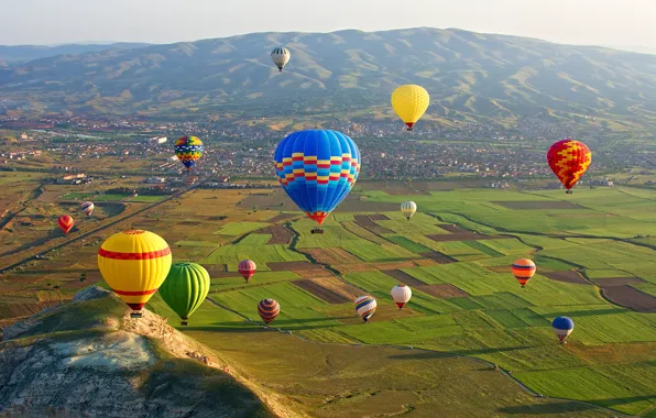Солнце, горы, воздушные шары, поля, дома, долина, панорама, Турция