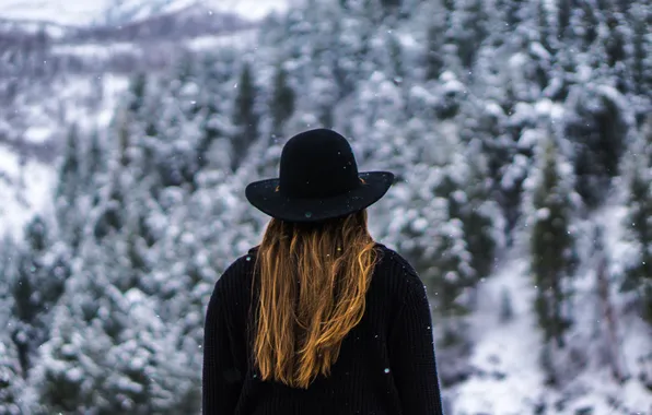 Картинка зима, девушка, снег, волосы, шляпа