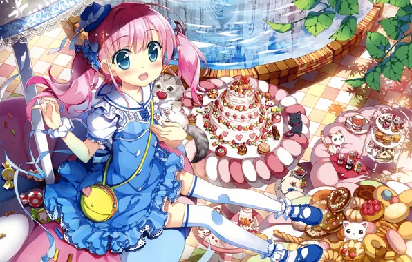 Кошки, конфеты, девочка, сладости, торт, розовые волосы, fujima takuya