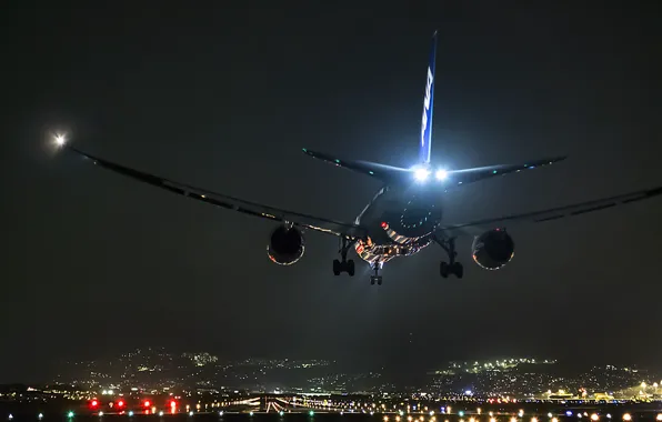Картинка ночь, самолет, Япония, аэропорт, Осака, Боинг 747