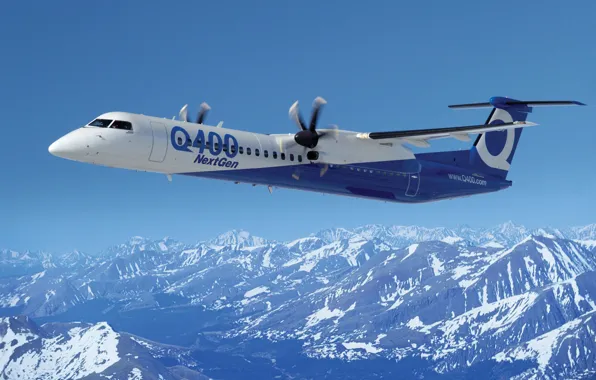 Картинка небо, горы, самолет, реактивный, лопасти, пассажирский, new aircraft, crj Q400 next gen