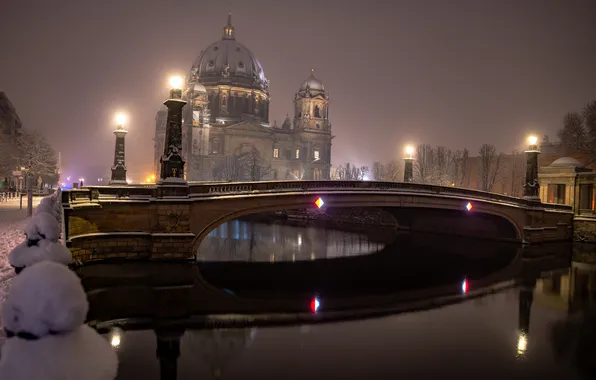 Картинка мост, река, Германия, фонари, Берлин