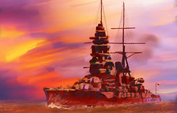 Картинка море, живопись, линкор, японского, флота, императорского, «Муцу»