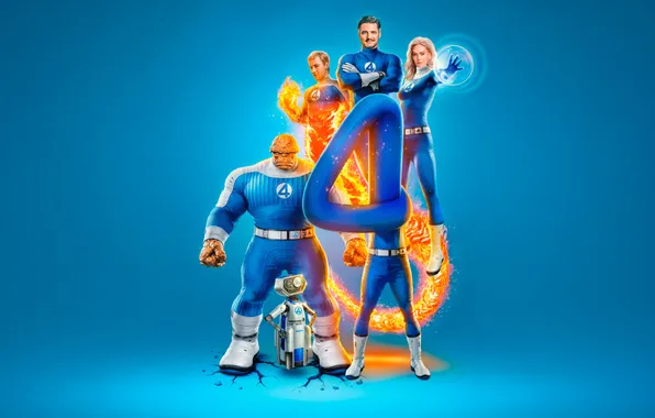 Арт, постер, синий фон, персонажи, комикс, Фантастическая четвёрка, MARVEL, Fantastic Four