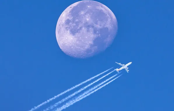 Картинка небо, планета, Луна, самолёт