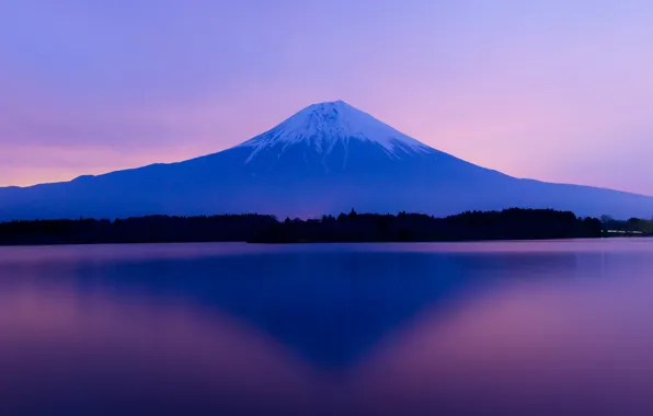 Картинка небо, деревья, закат, озеро, Япония, гора Фудзияма