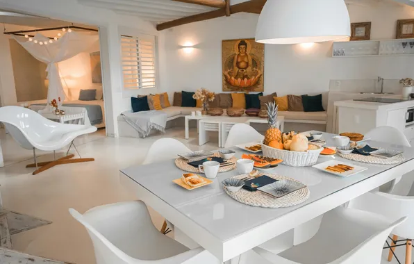 Дизайн, стиль, интерьер, кухня, спальня, гостиная, столовая, A white dining room with a table and …