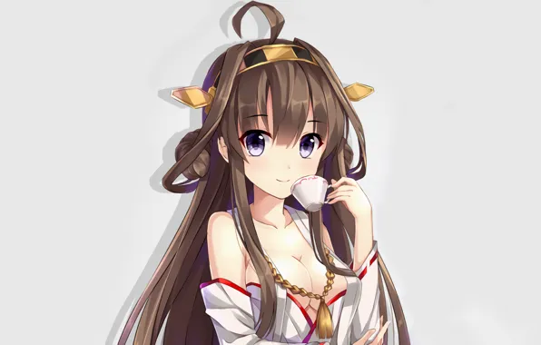 Girl, sexy, cleavage, blouse, long hair, brown hair, boobs, anime