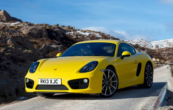 Картинка машина, обои, Porsche, yellow, передок, Cayman S