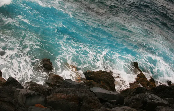 Картинка вода, скала, камни, океан, побережье, волна, водопад
