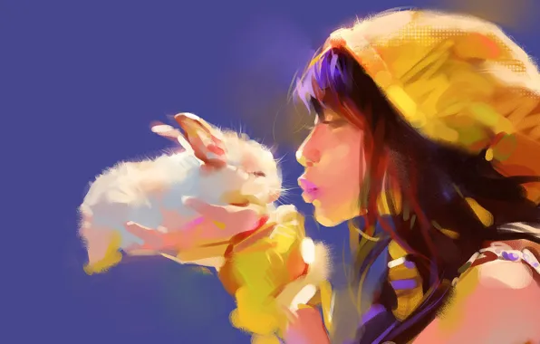 Девушка, нежность, поцелуй, кролик
