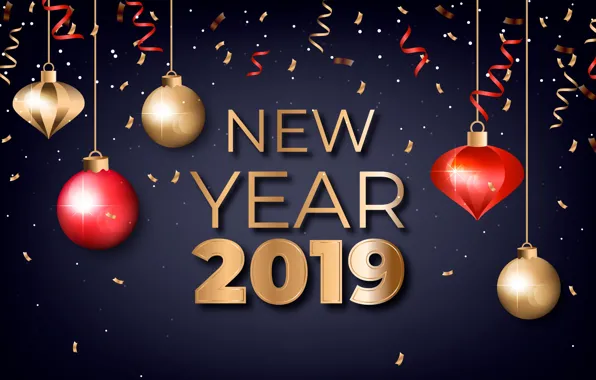 Праздник, шары, Новый год, new year, Golden, Holiday, 2019, Confetti