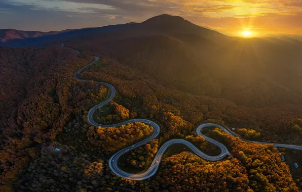 Дорога, осень, лес, солнце, лучи, свет, горы, туман