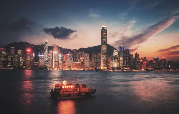City, lights, night, Hong Kong, skyscrapers, Victoria