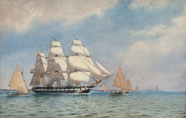 Картинка картина маслом, Морской пейзаж, Marinmåleri, Фрегат "Ванадис", Якоб Хаг