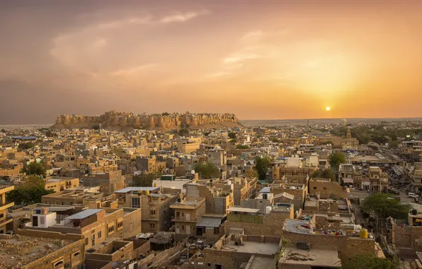 Закат, город, Индия, панорама, India, Jaisalmer
