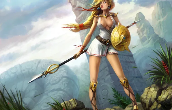 Картинка девушка, горы, камни, ветер, статуя, копье, щит, амазонка