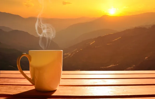 Картинка солнце, рассвет, кофе, утро, чашка, hot, coffee cup, good morning