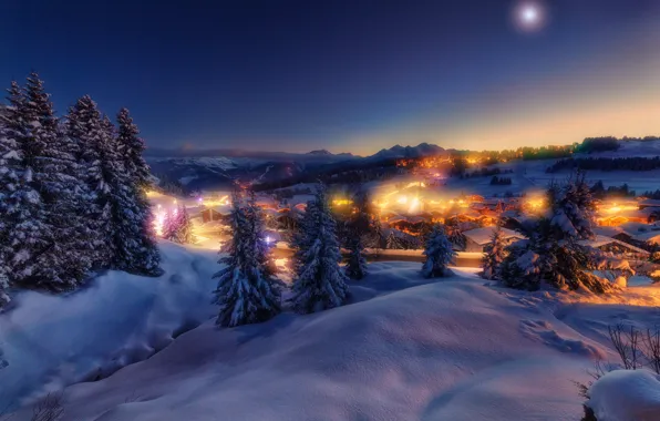 Картинка зима, снег, ночь, огни, Франция, ели, деревня, сугробы