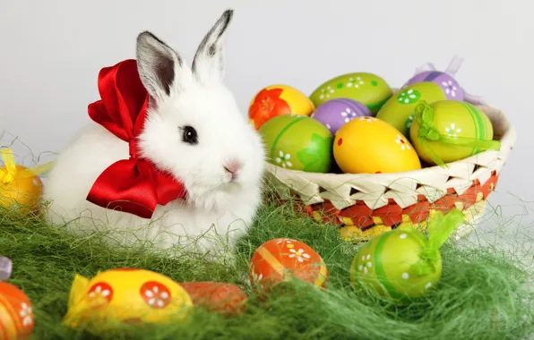Картинка белый, праздник, корзина, яйца, весна, кролик, Пасха, бант