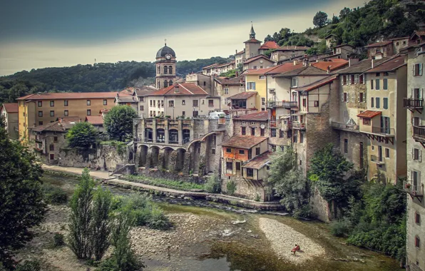 Река, Франция, здания, дома, France, Понт-ан-Руайан, Pont-en-Royans