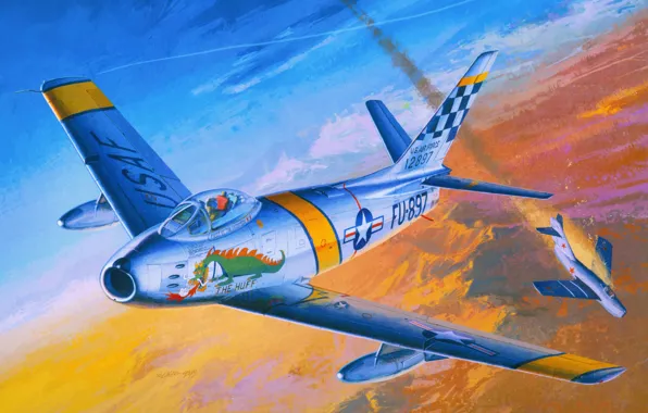 Картинка небо, рисунок, арт, американский, самолёты, советский, МиГ-15, F-86