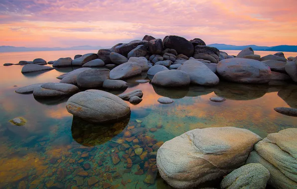 Небо, закат, природа, камни, Калифорния, США, Невада, Lake Tahoe