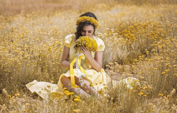 Картинка поле, лето, девушка, цветы, ленты, букет, платье, брюнетка