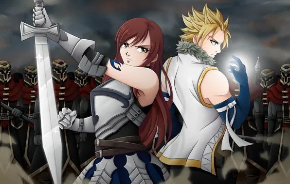 Девушка, меч, аниме, арт, парень, Fairy Tail, Хвост Феи