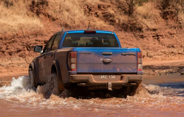 Синий, Ford, вид сзади, Raptor, пикап, водоём, 2018, Ranger
