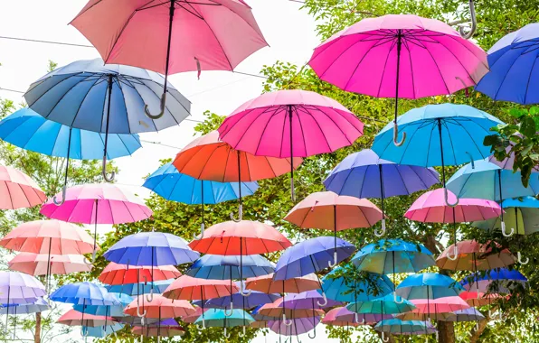 Картинка лето, небо, colors, зонт, colorful, зонтики, rainbow, summer