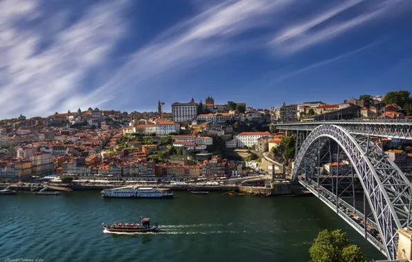 Картинка мост, река, лодка, здания, дома, Португалия, Portugal, Porto