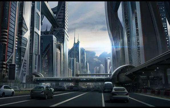 Картинка дорога, небо, машины, город, будущее, улица, здания, переход
