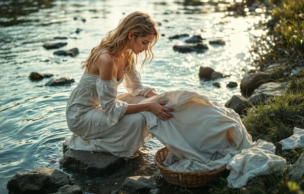 Вода, девушка, природа, поза, река, камни, берег, камень
