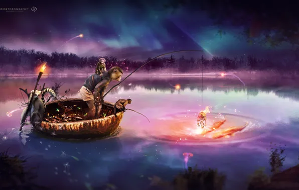 Dream, monkey, water, night, desktopography, fish, boat, fishing