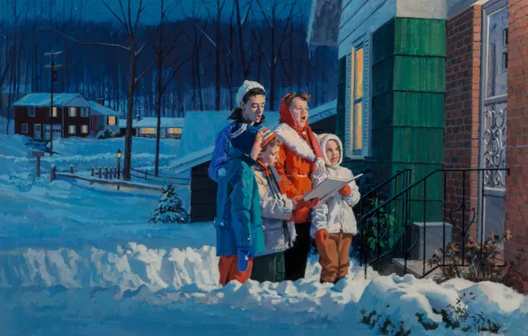 Картинка American painter, американский художник, Колядки, Carolers on front steps of suburban house, Гордон Джонсон, Gaouche …