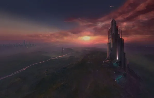 Картинка закат, будущее, высота, Город