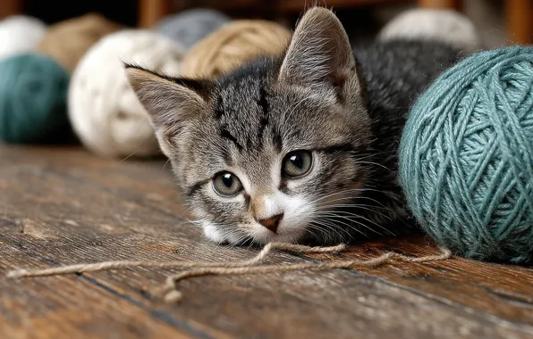 Кошка, кот, взгляд, клубок, поза, котенок, серый, игра