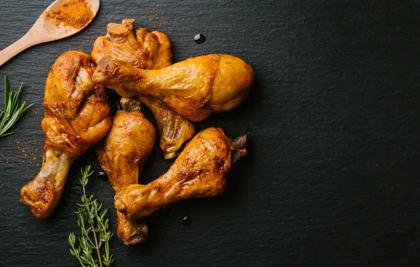 Курица, ножки, чёрный фон, розмарин, карри, приправа, chiken