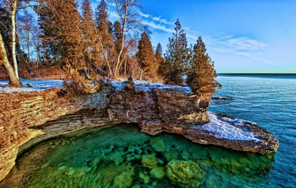 Картинка деревья, скалы, берег, озеро Мичиган, Lake Michigan