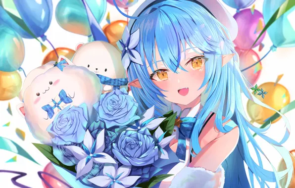 Девушка, шарики, эльф, букет, Hololive, виртуальный ютубер, Holo no Graffiti, Lamy Yukihana