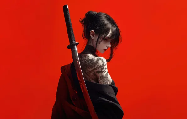 Girl, sword, Anime, tattoo