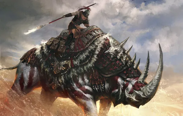 Картинка оружие, воин, арт, копье, зверь, Age of Conan, носорог, Concept art