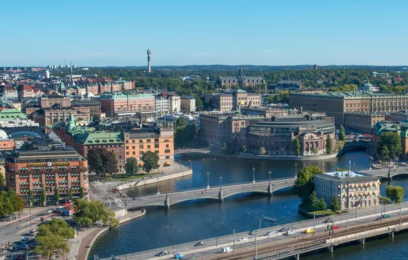 Город, река, фото, дома, сверху, Швеция, мосты, Stockholm