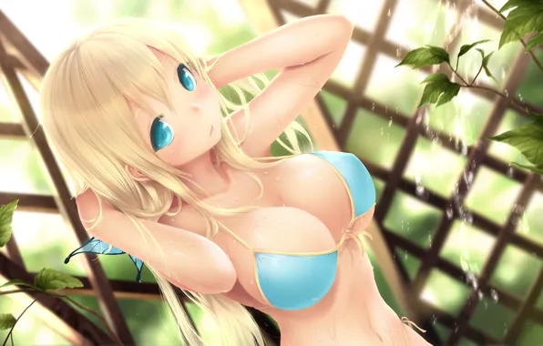 Купальник, листья, вода, девушка, капли, листва, boku wa tomodachi ga sukunai, kashiwazaki sena