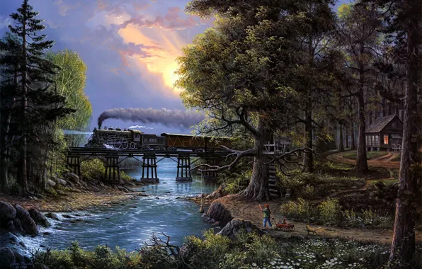 Картинка river, trees, bridge, sunset, cat, boy, train, painting