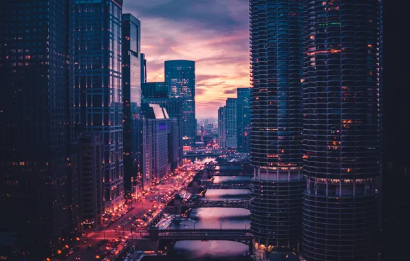 Закат, небоскребы, Чикаго, USA, Chicago, skyscrapers, Max Bender