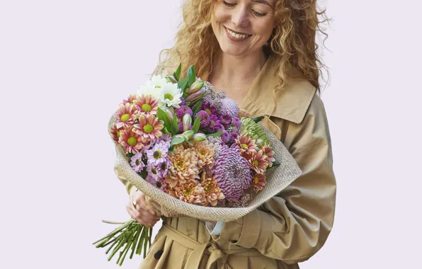 Цветы, Девушка, Улыбка, Волосы, Букет, Bouquet, Хризантема, Chrysanthemum