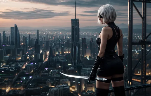 Девушка, город, меч, YoRHa No.2 Type B, изображение сгенерировано ИИ