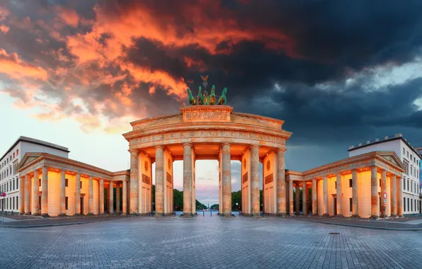 Небо, тучи, огни, вечер, Германия, площадь, памятник, архитектура